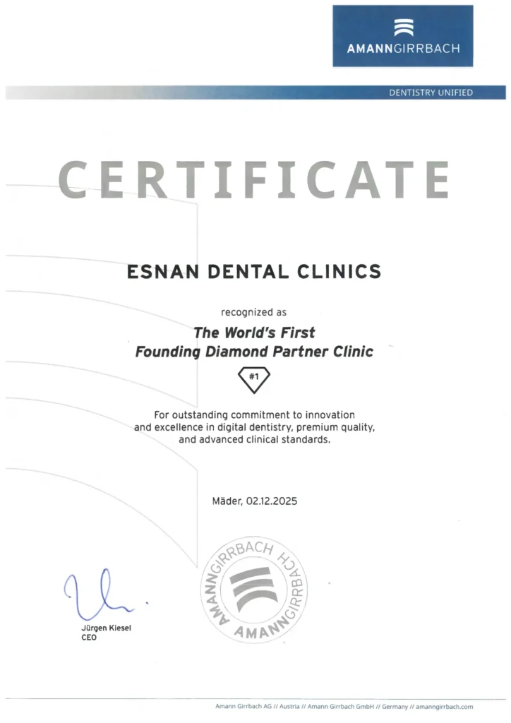 Esnan Dental Clinics Amann Girrbach World's First Founding Diamond Partner Clinic Certificate