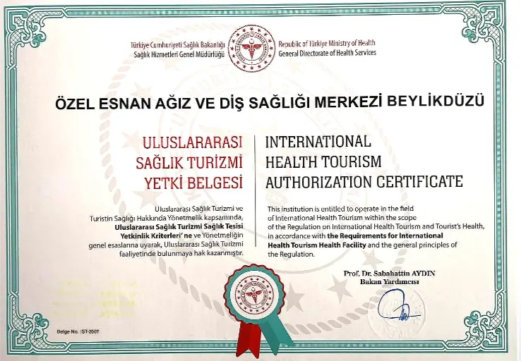 Esnan Dental Clinics Beylikduzu Branch International Health Tourism Authorization Certificate