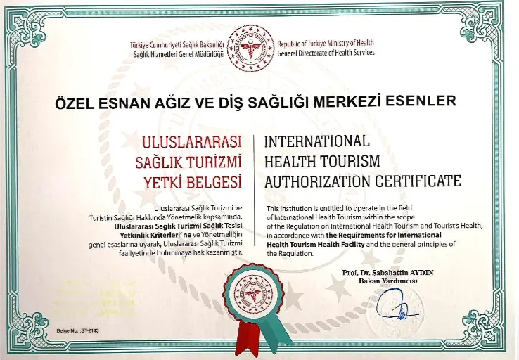 Esnan Dental Clinics Esenler Branch International Health Tourism Authorization Certificate