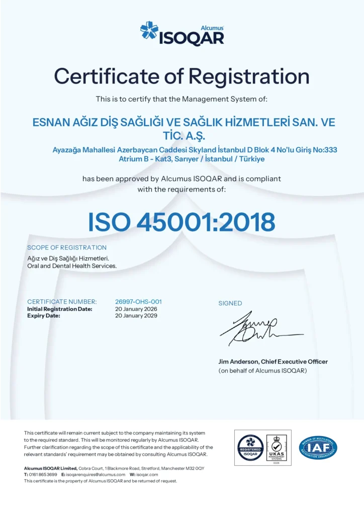 Esnan Dental Clinics ISO 45001 Occupational Health and Safety Certificate