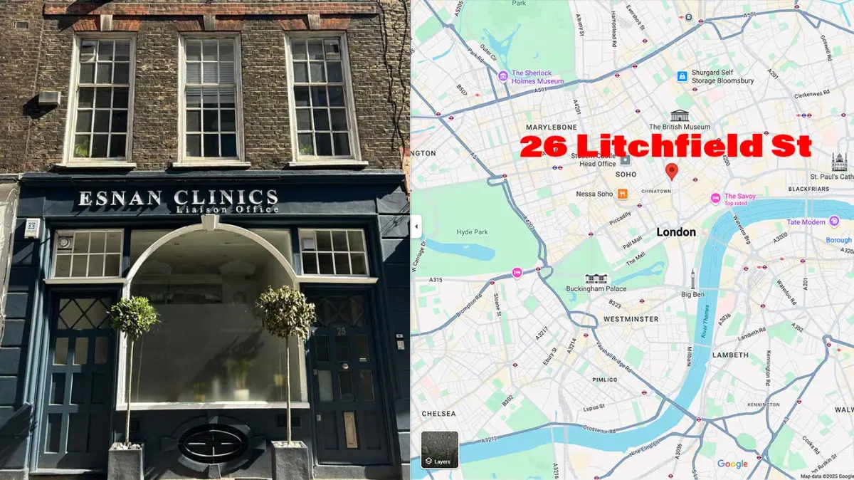 Exterior view and map location of Esnan Dental Clinics London Liaison Office at 26 Litchfield Street, Covent Garden.