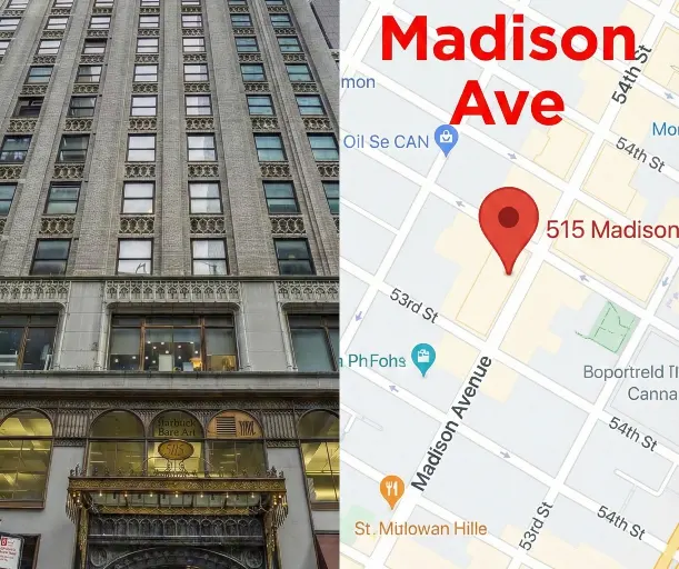 Exterior facade and Google Maps location of the upcoming Esnan Dental Clinics Manhattan Liaison Office at 515 Madison Avenue, New York.