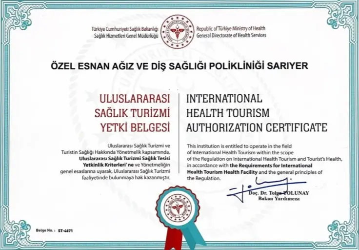 Esnan Dental Clinics Sariyer Branch International Health Tourism Authorization Certificate