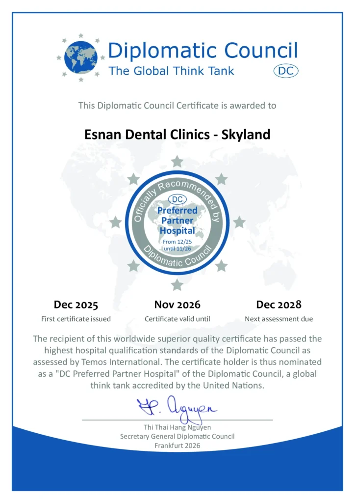 Esnan Dental Clinics Skyland Diplomatic Council Preferred Partner Hospital Certificate