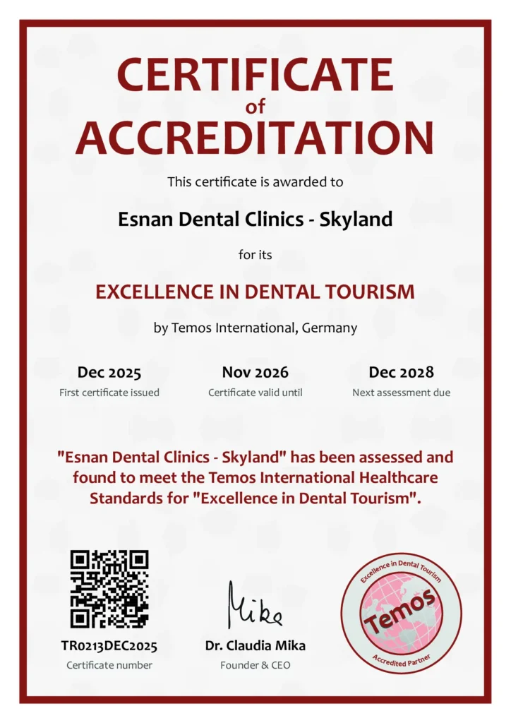 Esnan Dental Clinics Skyland Temos Excellence in Dental Tourism Accreditation Certificate