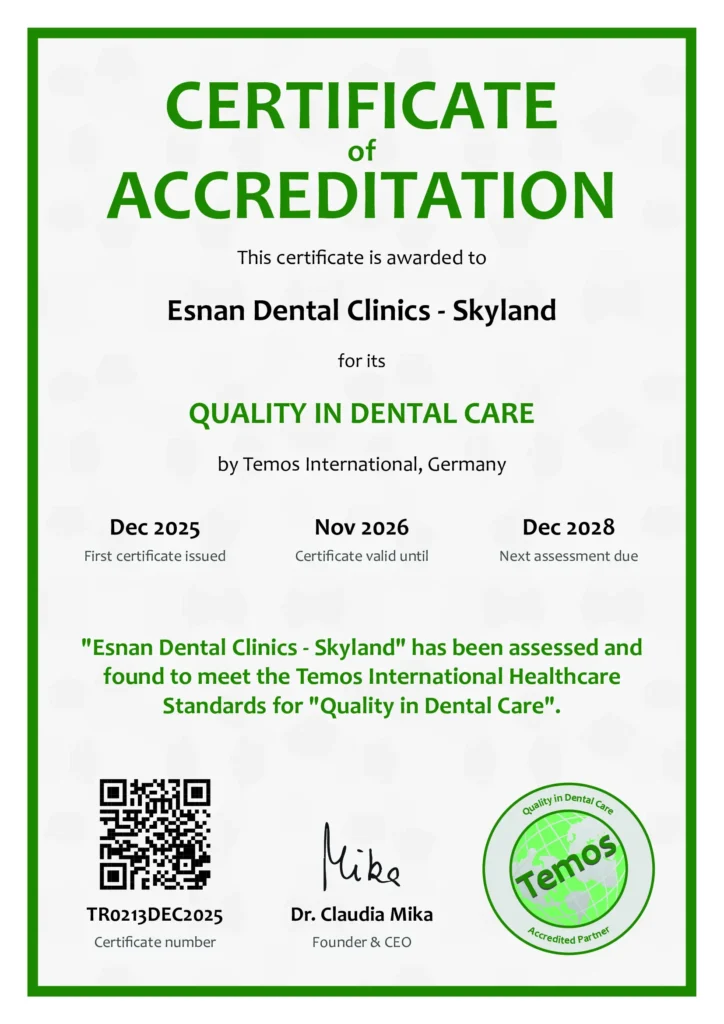 Esnan Dental Clinics Skyland Temos Quality in Dental Care Accreditation Certificate