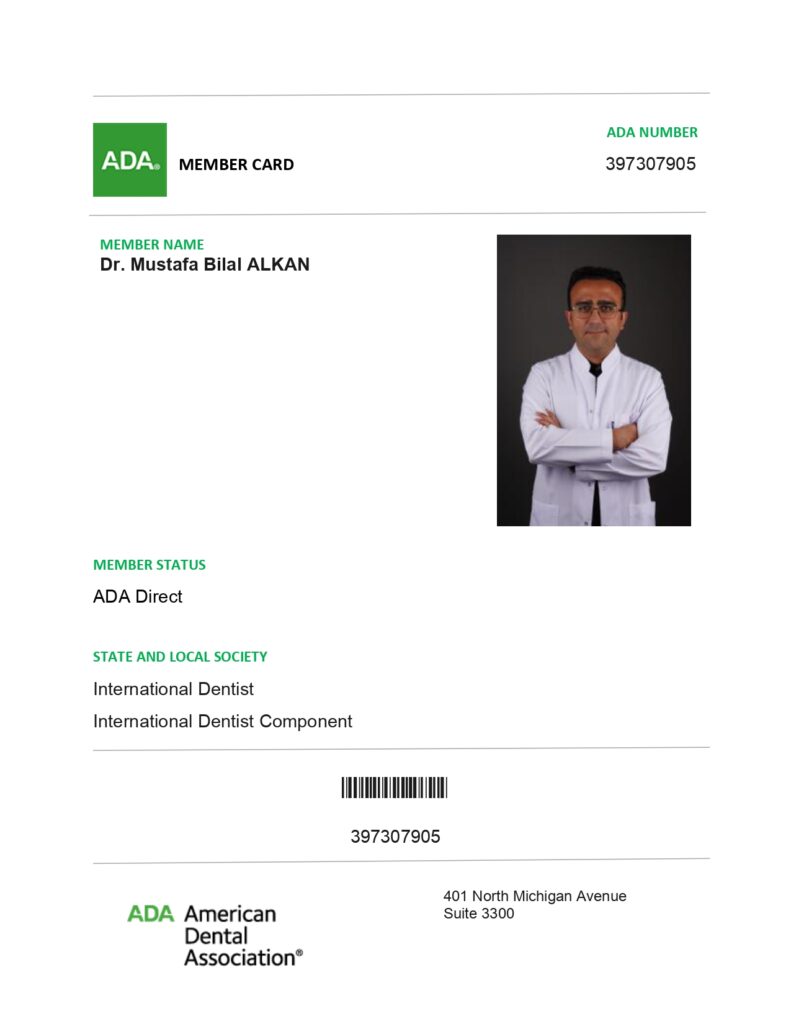 Dr. Mustafa Bilal Alkan American Dental Association (ADA) International Member Card